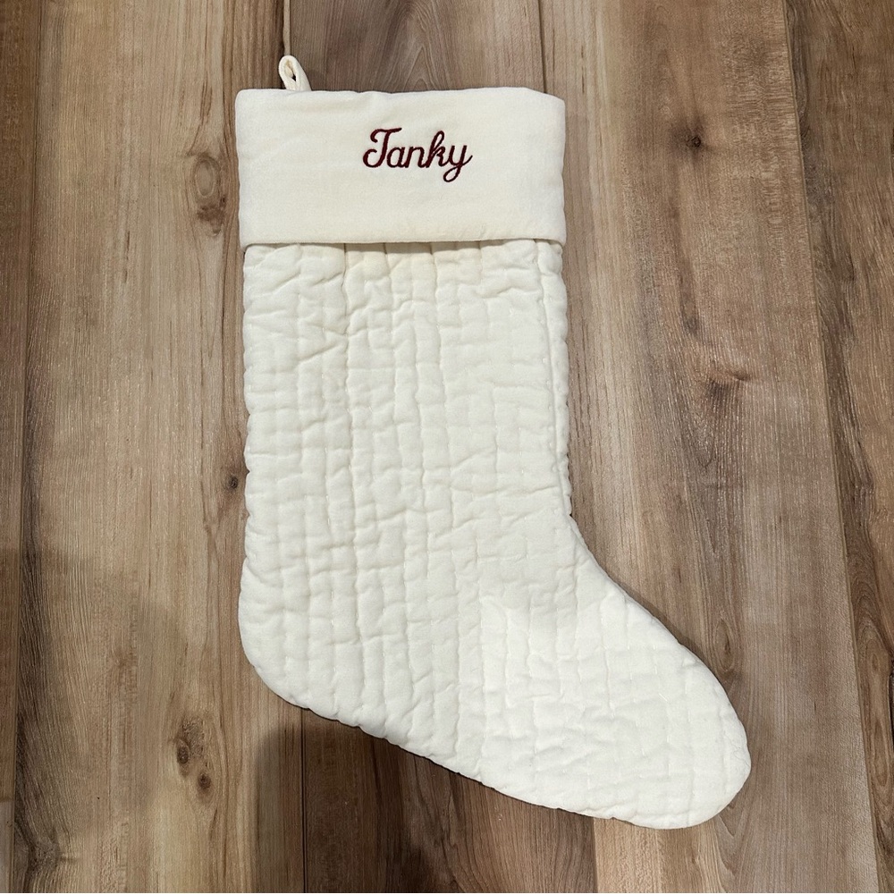 Pottery Barn Ivory Channel Quilted Velvet Stockings Embroidered Tanky